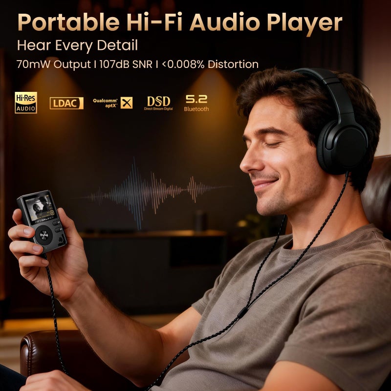 HIFI WALKER مشغل MP3 HIFI WALKER H2 HiFi مع بلوتوث 5.2، مشغل DSD FLAC بدون فقد، مشغل صوت رقمي عالي الدقة محمول مع بطاقة Micro SD سعة 64GB، يدعم حتى 512GB - Image 2